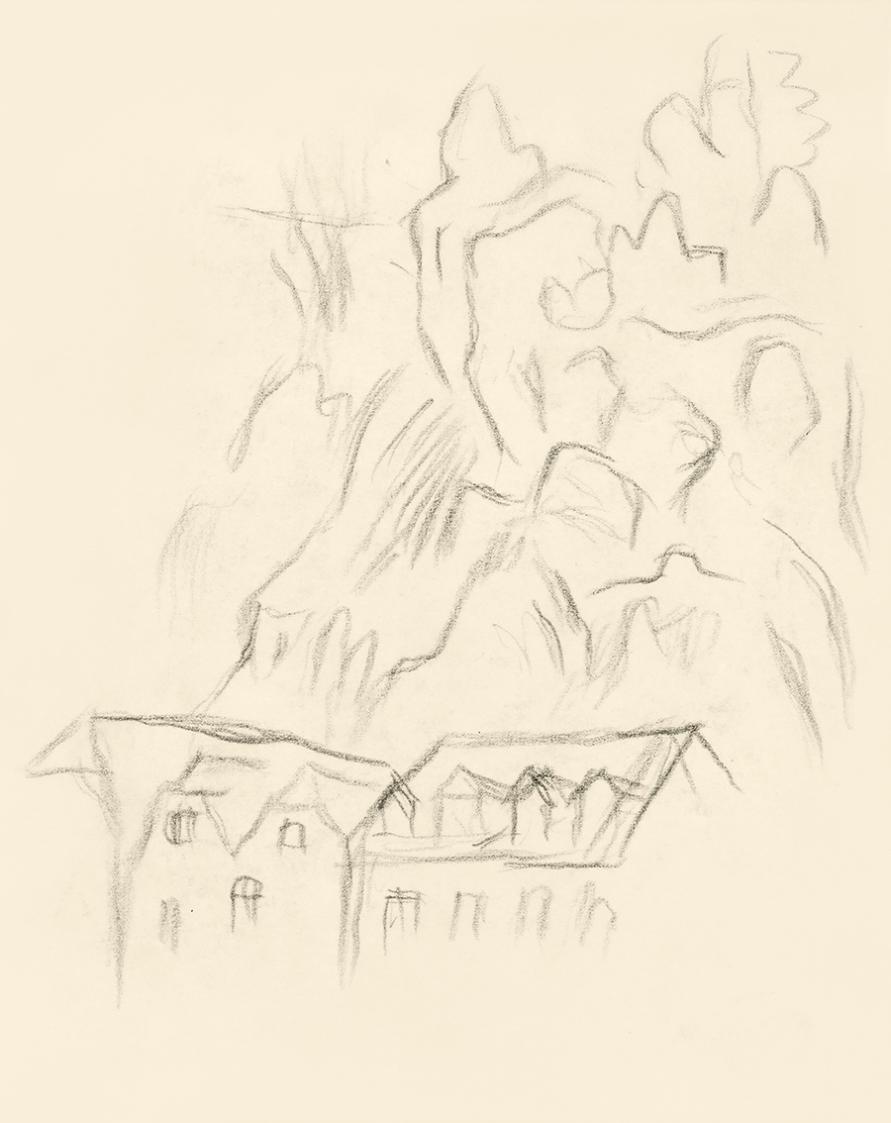 Alfred Wickenburg, Studie für das Wandbild "Rechts unter der Dachtraufe": Häuser vor einem Berg ...