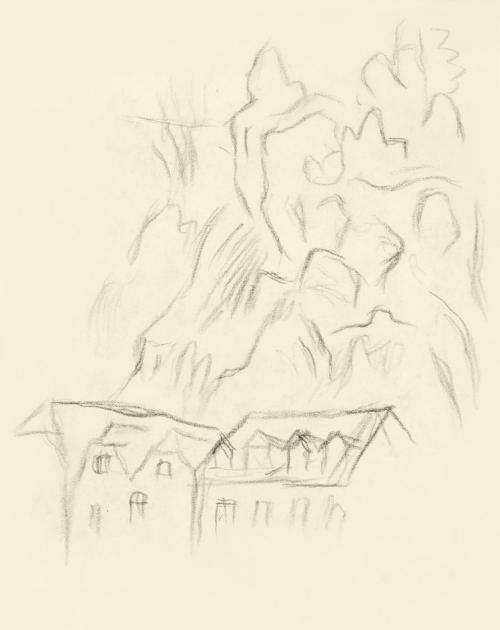 Alfred Wickenburg, Studie für das Wandbild "Rechts unter der Dachtraufe": Häuser vor einem Berg ...