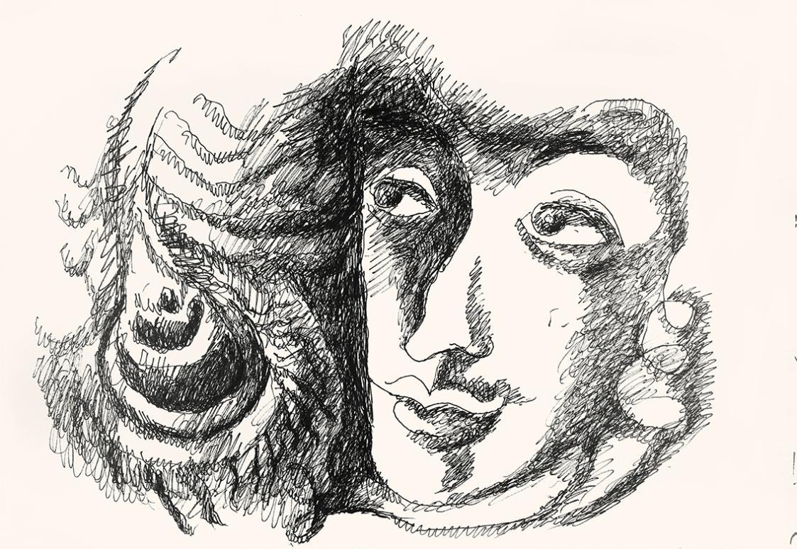 Alfred Wickenburg, Kopf mit Muschel, um 1970, Schwarzer Filzstift auf Papier, Blattmaße: 41,7 × ...