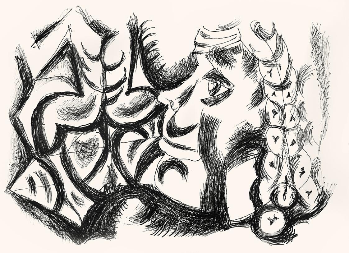 Alfred Wickenburg, Männerkopf im Profil und abstrakte Formen, um 1970, Schwarzer Filzstift auf  ...