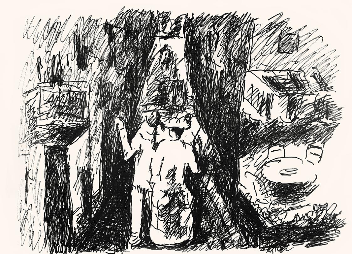 Alfred Wickenburg, Straßenszene, um 1970, Schwarzer Filzstift auf Papier, Lichte Maße: 38,8 × 5 ...