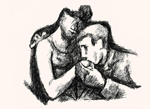 Alfred Wickenburg, Handkuss, um 1970, Schwarzer Filzstift auf Papier, Lichte Maße: 35,2 × 43,5  ...