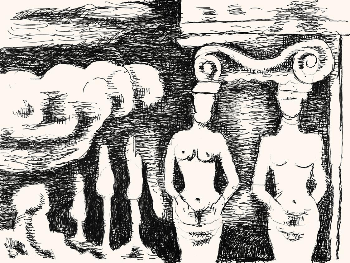 Alfred Wickenburg, Kariatyden, um 1970, Schwarzer Filzstift auf Papier, 41 × 56 cm, Leihgabe au ...