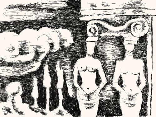 Alfred Wickenburg, Kariatyden, um 1970, Schwarzer Filzstift auf Papier, 41 × 56 cm, Leihgabe au ...