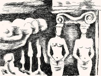 Alfred Wickenburg, Kariatyden, um 1970, Schwarzer Filzstift auf Papier, 41 × 56 cm, Leihgabe au ...