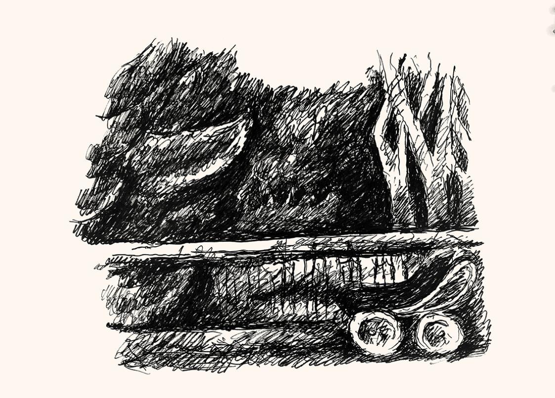 Alfred Wickenburg, Landschaft, um 1970, Schwarzer Filzstift auf Papier, Lichte Maße: 35,6 × 39, ...