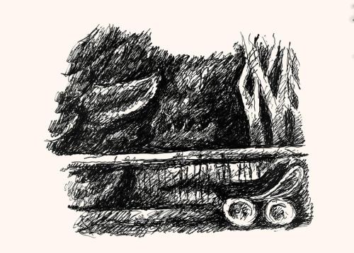 Alfred Wickenburg, Landschaft, um 1970, Schwarzer Filzstift auf Papier, Lichte Maße: 35,6 × 39, ...