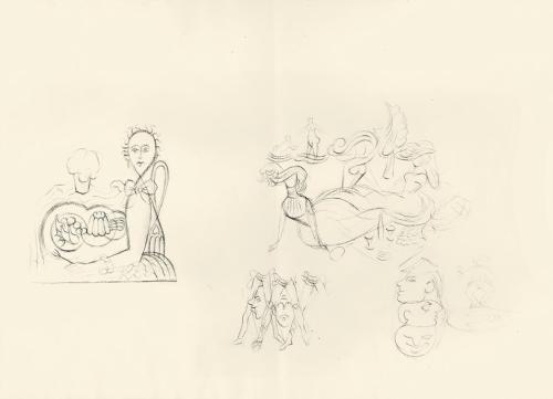 Alfred Wickenburg, Figurenstudien und Buchillustrationen, 1948/1950, Schwarze Kreide auf Papier ...