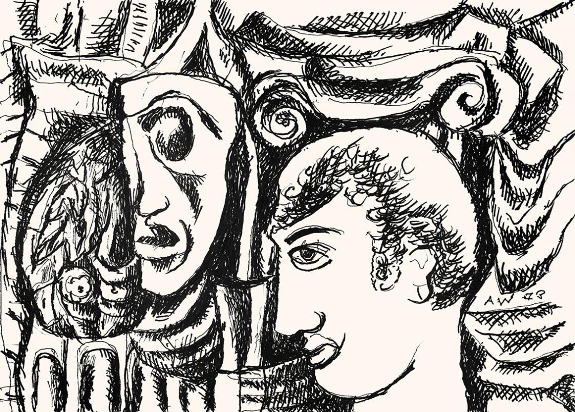 Alfred Wickenburg, Männlicher Kopf im Profil und Maske, um 1973, Schwarzer Filzstift auf Papier ...