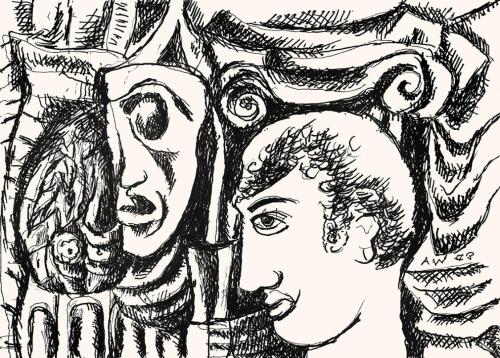 Alfred Wickenburg, Männlicher Kopf im Profil und Maske, um 1973, Schwarzer Filzstift auf Papier ...