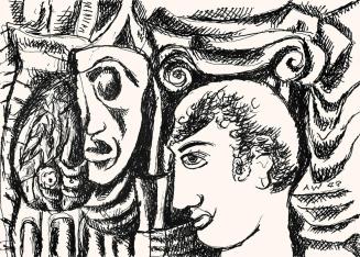 Alfred Wickenburg, Männlicher Kopf im Profil und Maske, um 1973, Schwarzer Filzstift auf Papier ...