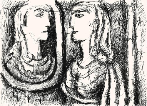 Alfred Wickenburg, Frau vor einem Spiegel, um 1973, Schwarzer Filzstift auf Papier, Blattmaße:  ...