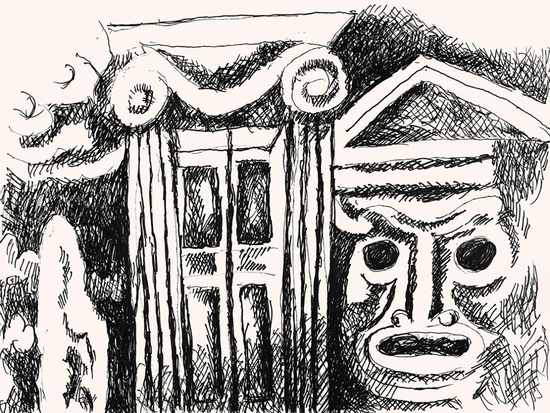 Alfred Wickenburg, Architekturdetails, um 1973, Schwarzer Filzstift auf Papier, Blattmaße: 42 × ...