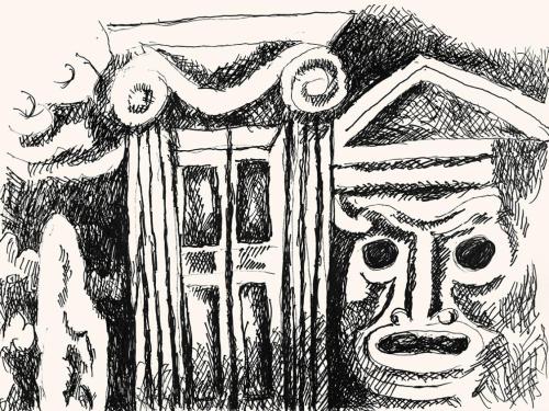 Alfred Wickenburg, Architekturdetails, um 1973, Schwarzer Filzstift auf Papier, Blattmaße: 42 × ...