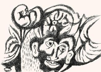 Alfred Wickenburg, Männerkopf zwischen Pflanzen, um 1973, Schwarzer Filzstift auf Papier, Blatt ...