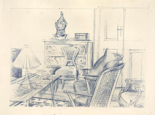 Alfred Wickenburg, Salon in Graz, um 1960, Blauer Kugelschreiber auf Papier, Blattmaße: 40 × 53 ...