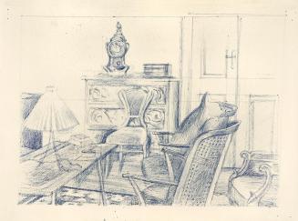 Alfred Wickenburg, Salon in Graz, um 1960, Blauer Kugelschreiber auf Papier, Blattmaße: 40 × 53 ...