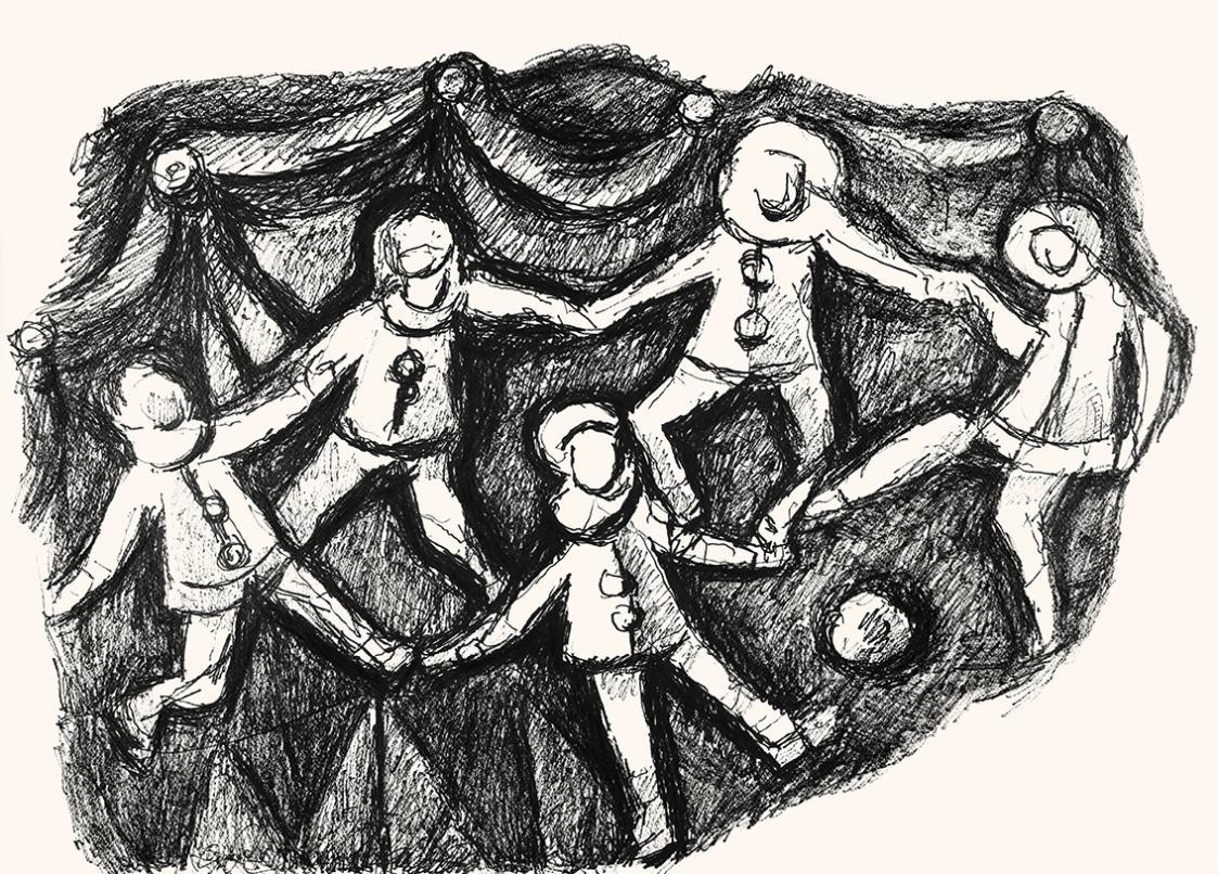 Alfred Wickenburg, Kostümierte Figuren in Bwegung, um 1970, Schwarzer Filzstift auf Papier, Bla ...