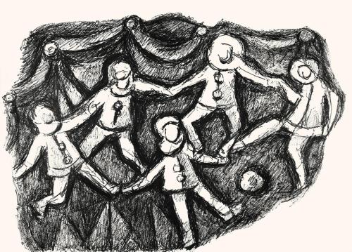 Alfred Wickenburg, Kostümierte Figuren in Bwegung, um 1970, Schwarzer Filzstift auf Papier, Bla ...