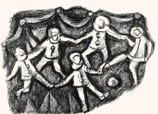 Alfred Wickenburg, Kostümierte Figuren in Bwegung, um 1970, Schwarzer Filzstift auf Papier, Bla ...