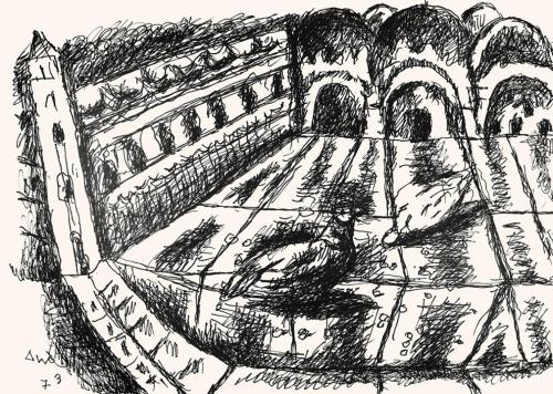 Alfred Wickenburg, Tauben auf dem Markusplatz in Venedig, 1973, Schwarzer Filzstift auf Papier, ...