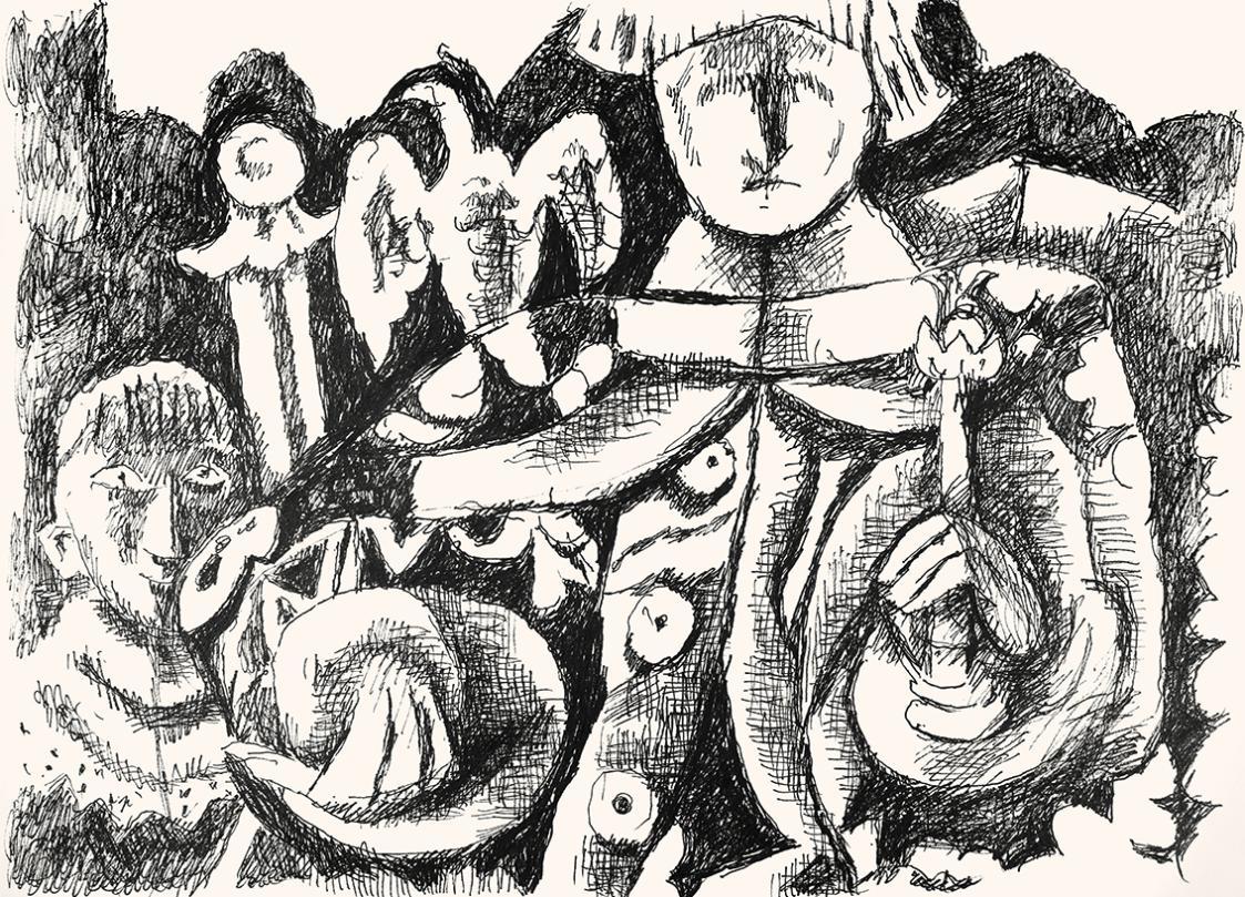 Alfred Wickenburg, Darstellung eines Herrschers, um 1970, Schwarzer Filzstift auf Papier, Blatt ...