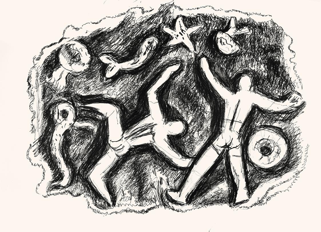 Alfred Wickenburg, Zwei Schwimmer mit Meereslebewesen, um 1970, Schwarzer Aquarellstift auf Pap ...