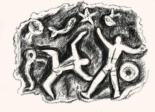 Alfred Wickenburg, Zwei Schwimmer mit Meereslebewesen, um 1970, Schwarzer Aquarellstift auf Pap ...