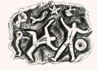 Alfred Wickenburg, Zwei Schwimmer mit Meereslebewesen, um 1970, Schwarzer Aquarellstift auf Pap ...