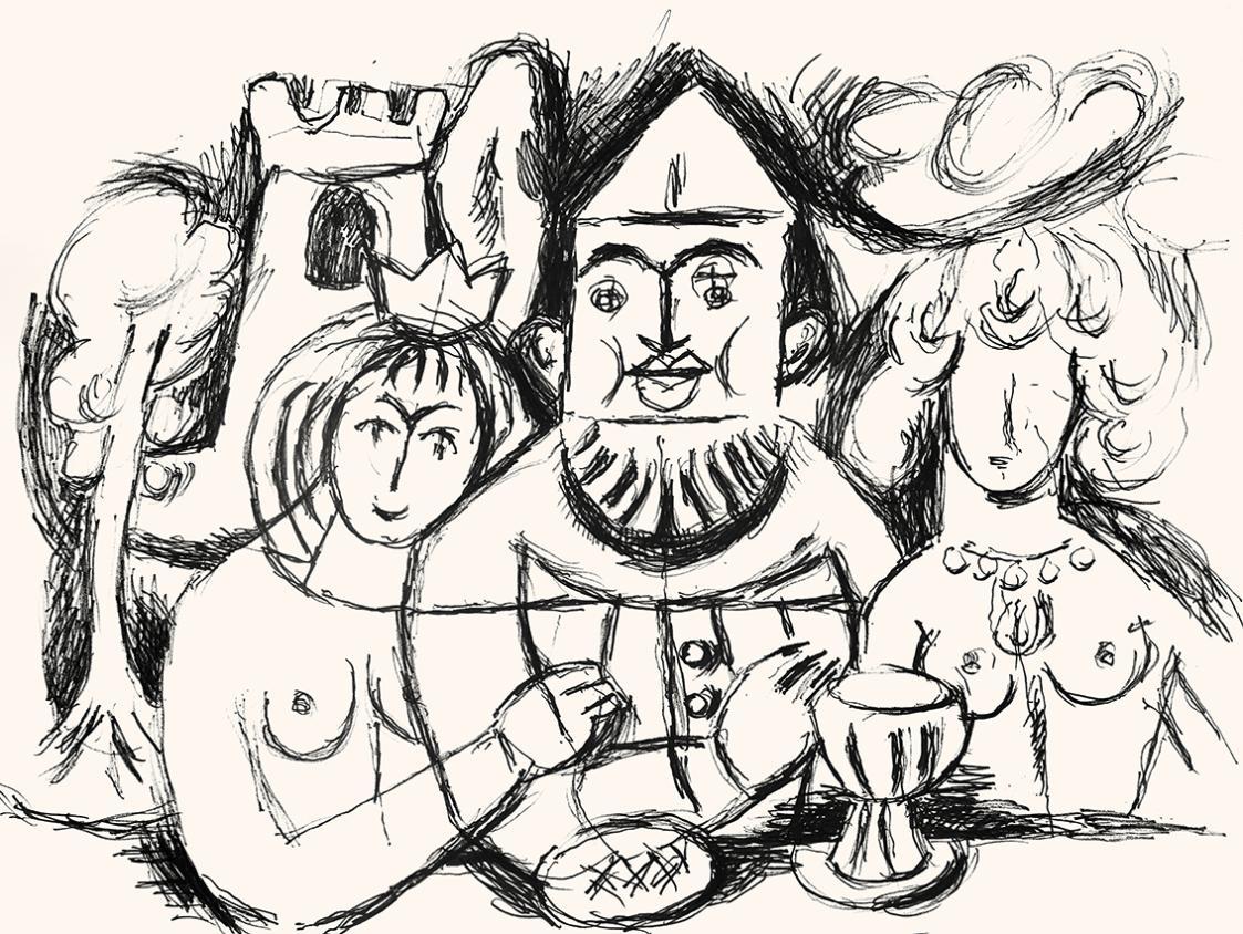 Alfred Wickenburg, Tischgesellschaft, um 1970, Schwarzer Filzstift auf Papier, Blattmaße: 42 ×  ...