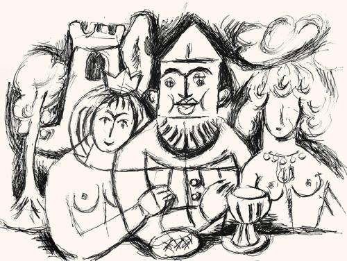 Alfred Wickenburg, Tischgesellschaft, um 1970, Schwarzer Filzstift auf Papier, Blattmaße: 42 ×  ...