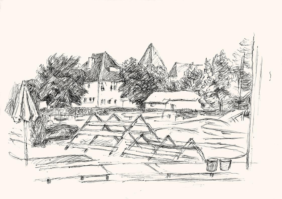 Alfred Wickenburg, Architektur und Bäume, um 1960, Schwarzer Kugelschreiber auf Papier, Blattma ...