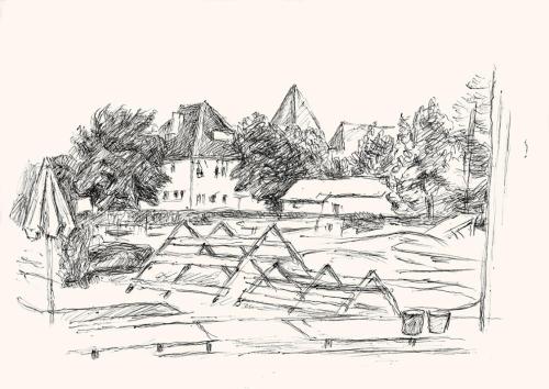 Alfred Wickenburg, Architektur und Bäume, um 1960, Schwarzer Kugelschreiber auf Papier, Blattma ...