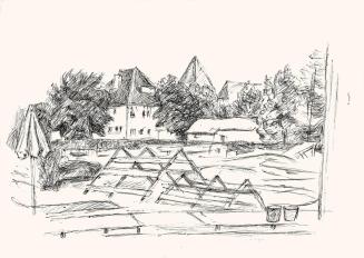 Alfred Wickenburg, Architektur und Bäume, um 1960, Schwarzer Kugelschreiber auf Papier, Blattma ...