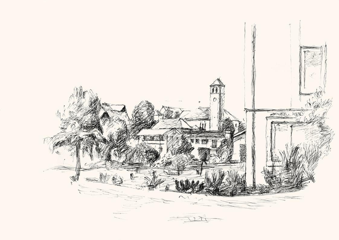 Alfred Wickenburg, Ansicht von Velden, um 1964, Schwarzer Kugelschreiber auf Papier, Blattmaße: ...