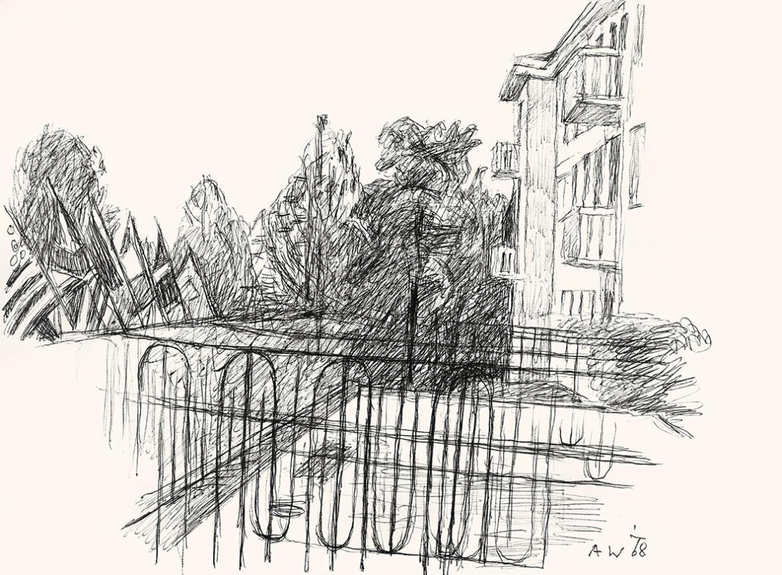 Alfred Wickenburg, Gartenterrasse, 1967/1968, Schwarzer Kugelschreiber auf Papier, Blattmaße: 2 ...