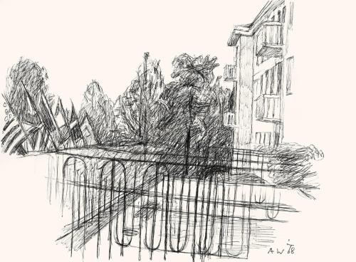 Alfred Wickenburg, Gartenterrasse, 1967/1968, Schwarzer Kugelschreiber auf Papier, Blattmaße: 2 ...