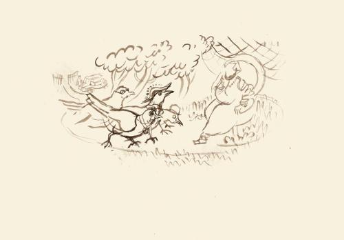 Alfred Wickenburg, Vier Vögel und eine menschliche Figur, 1946, Braune Tusche auf Papier, Blatt ...