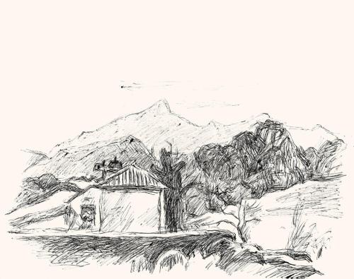 Alfred Wickenburg, Landschaft mit Haus, um 1960, Schwarzer Kugelschreiber auf Papier, Blattmaße ...