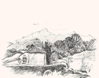 Alfred Wickenburg, Landschaft mit Haus, um 1960, Schwarzer Kugelschreiber auf Papier, Blattmaße ...