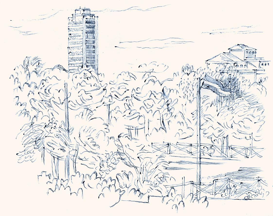 Alfred Wickenburg, Blick auf einen Park mit Hochhaus im Hintergrund, um 1960, Blauer Kugelschre ...