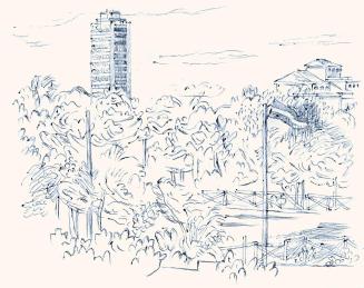 Alfred Wickenburg, Blick auf einen Park mit Hochhaus im Hintergrund, um 1960, Blauer Kugelschre ...