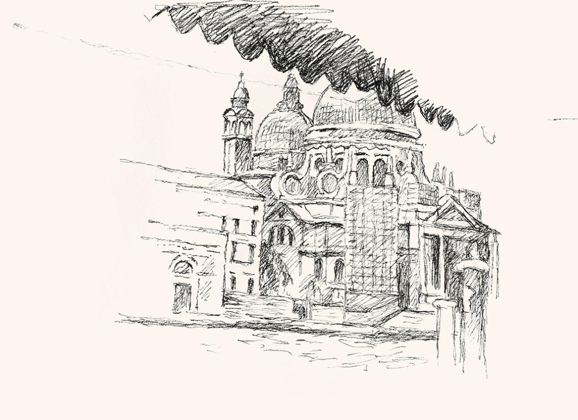 Alfred Wickenburg, Santa Maria della Salute, um 1960, Schwarzer Aquarellstift auf Papier, Blatt ...