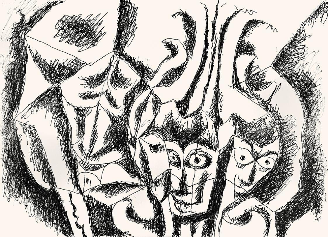 Alfred Wickenburg, Masken, um 1970, Schwarzer Filzstift auf Papier, Blattmaße: 42 × 58 cm, Leih ...