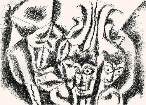 Alfred Wickenburg, Masken, um 1970, Schwarzer Filzstift auf Papier, Blattmaße: 42 × 58 cm, Leih ...