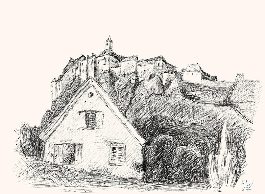 Alfred Wickenburg, Blick auf ein Haus vor einer Bergstadt, 1967, Schwarzer Kugelschreiber auf P ...