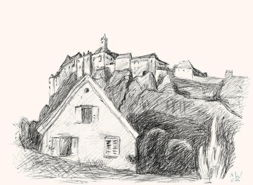 Alfred Wickenburg, Blick auf ein Haus vor einer Bergstadt, 1967, Schwarzer Kugelschreiber auf P ...