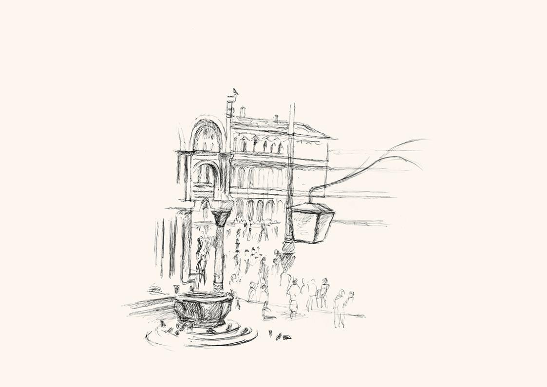 Alfred Wickenburg, Markusplatz, um 1960, Schwarzer Kugelschreiber auf Papier, Blattmaße: 29,5 × ...