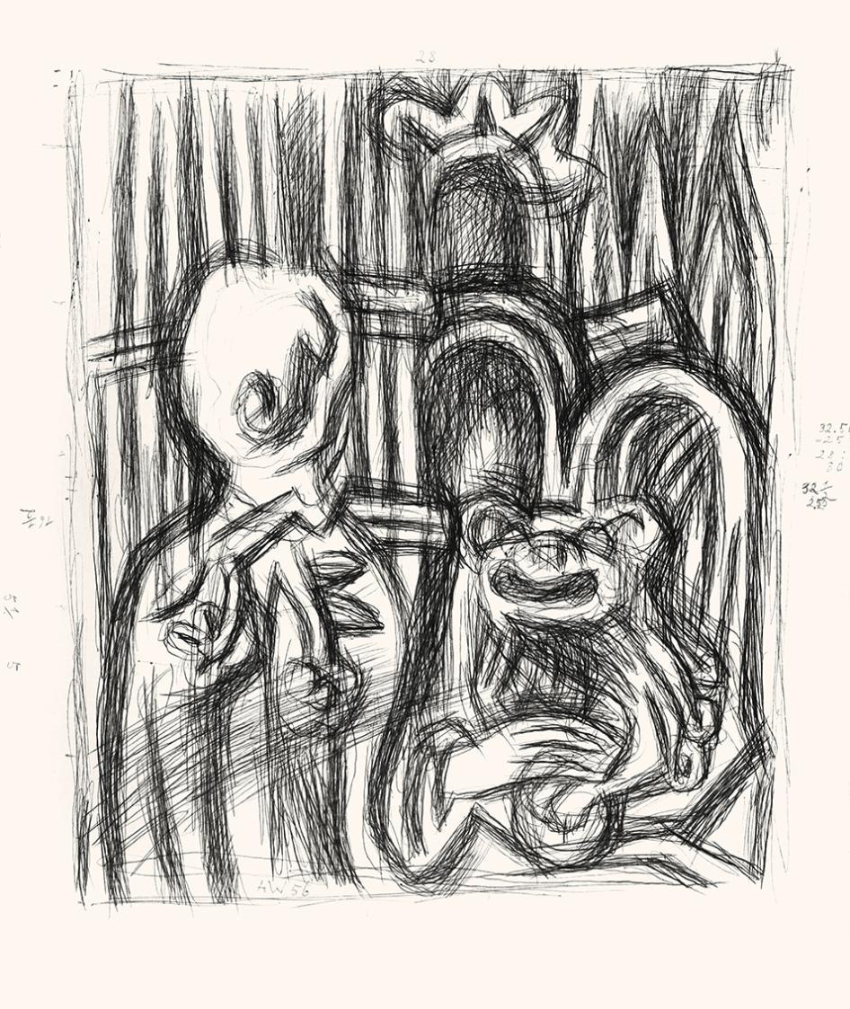 Alfred Wickenburg, San Vitale, 1956, Schwarzer Kugelschreiber auf Papier, Blattmaße: 39,7 × 33, ...