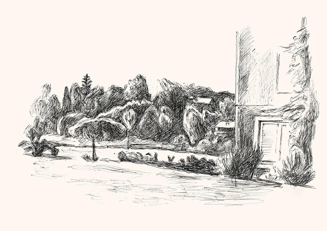 Alfred Wickenburg, Ansicht von Velden, um 1964, Schwarzer Kugelschreiber auf Papier, Blattmaße: ...